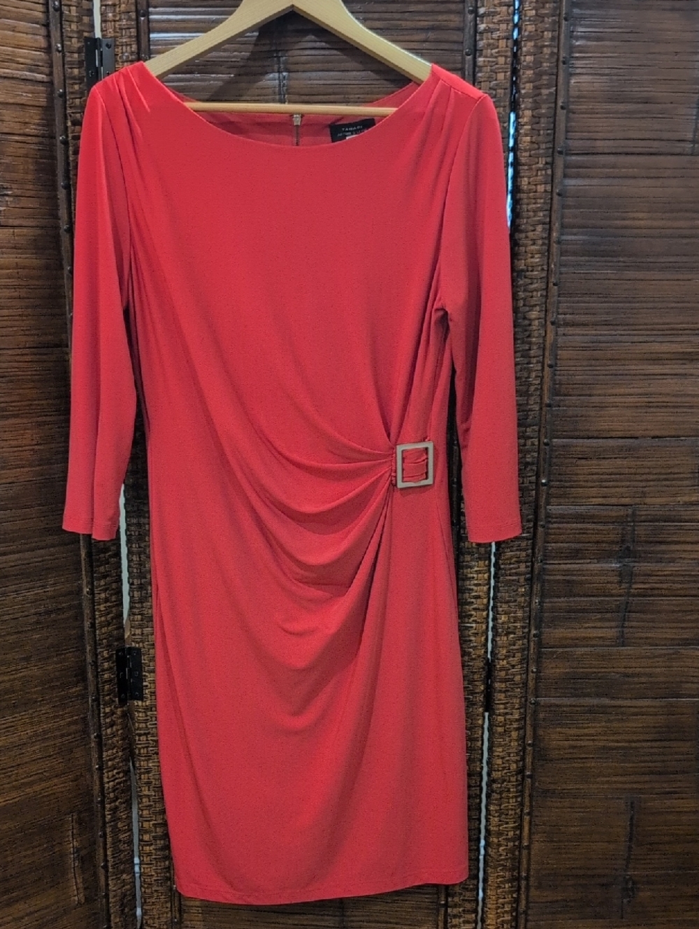 Tahari Red Draped Midi Dress with Side Buckle Detail